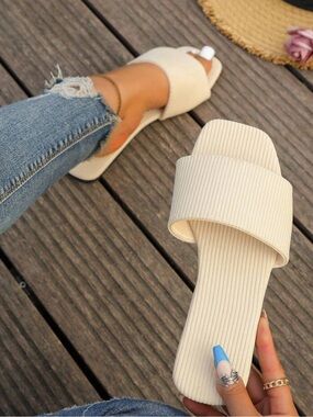 Women’s Cream Slide Sandals - Minimal Ribbed Comfort